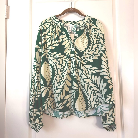 NWT H&M Balloon Sleeve Blouse Green Ivory Print Small - Picture 6 of 8